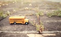 Yellow school bus toy model on country road. Royalty Free Stock Photo