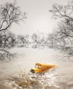 Yellow school bus  toy model  in flood Royalty Free Stock Photo