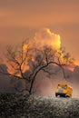 Yellow school bus toy model on the road at twilight.Shallow depth of field composition Royalty Free Stock Photo