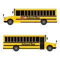 Yellow school bus in two view with stop sign isolated on white background. Vector flat design Royalty Free Stock Photo