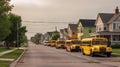 Yellow school buses are parked on the road. AI Generated