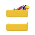 Yellow school pencil case closed and open with stationery set realistic vector illustration Royalty Free Stock Photo