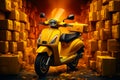 A yellow scooter parked in front of a pile of boxes Royalty Free Stock Photo