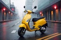 yellow scooter parked on the side of the road Royalty Free Stock Photo