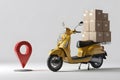 Yellow scooter with stacked boxes, red pin for delivery location, white background