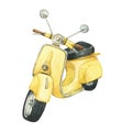 Yellow scooter watercolor illustration. Motorbike isolated on white background Royalty Free Stock Photo