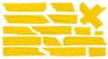 Yellow scotch set of self-adhesive adhesive tape strips of various shapes and sizes on white background