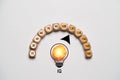 Yellow scrap paper inside glowing lightbulbs with instruments gauge for IQ or intelligence quotient scale of creative thinking