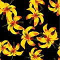 Yellow Seamless Leaf. Black Pattern Art. Beige Tropical Painting. Golden Flower Vintage. Floral Exotic.