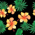 Yellow Seamless Nature. Black Pattern Leaves. Coral Tropical Palm. Organic Floral Design. Pink Flower Plant.