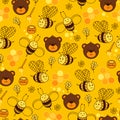 Yellow seamless pattern with bears, honey, flowers, hearts, bee and honeycomb. Royalty Free Stock Photo