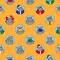 Yellow seamless pattern of different hippos. Happy, sad, angry, in love, female with lipstick, Santa hippopotamus, Happy Birthday Royalty Free Stock Photo