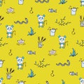 Yellow seamless pattern with the panda, fishes, and fishing