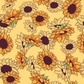 Yellow seamless pattern with sunflower drawings and sketches. Repetitive background with summer floral and botanical elements.