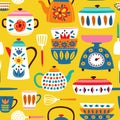 Yellow seamless pattern with vintage kitchen