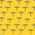 Yellow seamless patterns with the staff of hermes 1000x1000 pixels, vector grafics