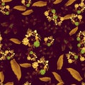 Yellow Seamless Textile. Autumn Pattern Vintage. Beige Tropical Hibiscus. Black Floral Texture. Golden Spring Botanical.