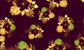 Yellow Seamless Textile. Violet Pattern Background. Vintage Tropical Background. Golden Floral Background. Beige Flora Texture.