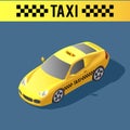 Yellow sedan car. Taxi transport, service. Infographics and game design concept. Taxi car design. Flat 3d isometric