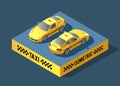 Yellow sedan car. Taxi transport, service. Infographics and game design concept. Taxi car design. Flat 3d isometric