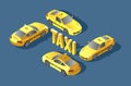 Yellow sedan car. Taxi transport, service. Infographics and game design concept. Taxi car design. Flat 3d isometric