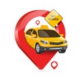 yellow sedan taxi or cab drives up and stop on red pin location waiting to pick up customers and above there is yellow sign with Royalty Free Stock Photo