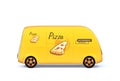 Yellow self-driving pizza delivery van on white background