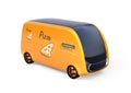 Yellow self-driving pizza delivery van on white background