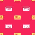 Yellow Sell button icon isolated seamless pattern on red background. Financial and stock investment market concept