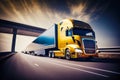 Yellow semi truck driving down highway under bridge in the evening. Generative AI Royalty Free Stock Photo