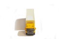 A yellow semi truck with a white trailer attached. Isolated on a white background. Clipping path included Royalty Free Stock Photo