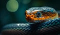 Yellow serpent looking straight at camera. Snake looking hostile close up. Blurred backdrop. Generative AI