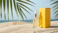 Yellow serum bottle and box on beach dropper yellow box Royalty Free Stock Photo