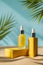 Luxury Yellow Serum Bottle with Dropper and Box on Tropical Summer Background Royalty Free Stock Photo