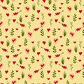 A yellow set of seamless patterns for Valentine`s Day measuring 1000 by 1000 pixels with hearts and flowers, doodle. Vector