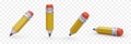 Yellow sharpened pencil with red eraser. Vector object in different positions
