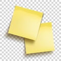 Yellow sheets of note papers. Two sticky notes. Template for design. Yellow note with place for you text over transparent