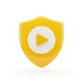 Yellow shield icon with white circle and yellow play button on white background protection Royalty Free Stock Photo
