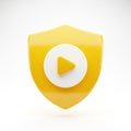 Yellow Shield Icon with White Circle and Yellow Play Button on White Background symbol Royalty Free Stock Photo