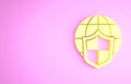 Yellow Shield with world globe icon isolated on pink background. Insurance concept. Security, safety, protection Royalty Free Stock Photo