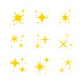 Yellow shiny sparkles icon. Set of magic twinkle gold shape for christmas decoration. Flat glitter sparks collection. vector Royalty Free Stock Photo