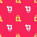 Yellow Shopping bag with heart icon isolated seamless pattern on red background. 8 March. International Happy Women Day Royalty Free Stock Photo