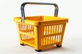 Yellow shopping basket stands alone on white backdrop, depicted in 3D illustration.