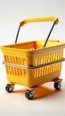 Yellow shopping basket stands alone on white backdrop, depicted in 3D illustration.