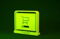 Yellow Shopping cart on screen laptop icon isolated on green background. Concept e-commerce, e-business, online business