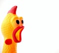 Yellow shrilling chicken with red lips on white background wirh dialog box