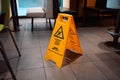 Yellow Caution slippery wet floor sign on the wet ground Royalty Free Stock Photo