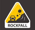 yellow sign caution rockfall. stone falls on a car. Royalty Free Stock Photo
