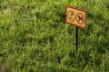 yellow sign with chemical application no dogs on green lawn background - close-up with selective focus Royalty Free Stock Photo