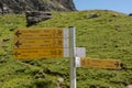 Yellow sign post indicating different hiking trails above Valnontey area.